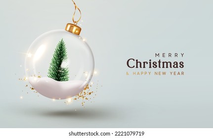 Christmas background  Xmas ornaments Glass ball and snow inside  Christmas tree decorations transparent ball hanging golden ribbon  gold glitter confetti  Realistic 3d design  vector illustration