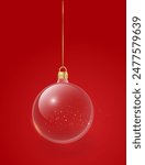 Christmas background. Xmas ornaments. Christmas tree decorations transparent ball hanging on golden ribbon, gold glitter confetti. Vector