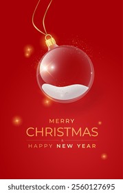 Christmas background. Xmas ornaments. Christmas tree decorations transparent ball hanging on golden ribbon, gold glitter confetti. Vector