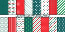 Christmas Background. Xmas Pattern. Seamless Prints With Polka Dot, Candy Cane Stripes, Zig Zag, Triangle, Plaid. Set New Year Textures. Festive Wrapping Paper. Red Green Backdrop. Vector Illustration