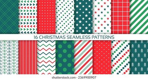 Christmas background. Xmas pattern. Seamless prints with polka dot, candy cane stripes, zig zag, triangle, plaid. Set New year textures. Festive wrapping paper. Red green backdrop. Vector illustration