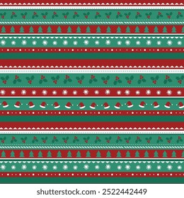 Fondo de Navidades, Navidad, raya, línea, geométrico, abstracto, invierno, rojo, verde, blanco, árbol, copo de nieve, bayas, Fondo de pantalla, textura, tela, impresión, tarjeta, vintage, estilo plano, Ilustración vectorial.