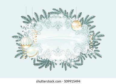 christmas background with xmas tree branch and balls 
