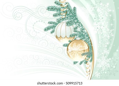 christmas background with xmas tree branch and balls 