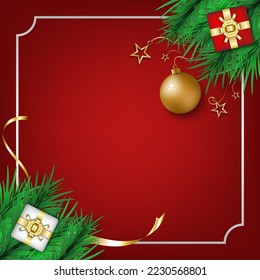 Christmas background. Xmas tree branches with gift box, ribbon, star and golden ball decorations on red background. Merry christmas card. Winter holiday theme. Happy New Year. Space for text. Vector.
