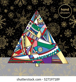 Christmas background with Xmas tree and snowflakes ornaments. Hand drawn winter vector illustration. 