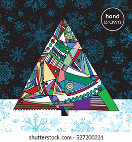 Christmas background with Xmas tree and snowflakes ornaments. Hand drawn winter vector illustration