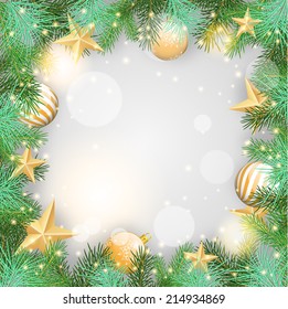 Christmas background with yellow ornaments and branches, vector illustration eps 10 with transparency and gradient meshes