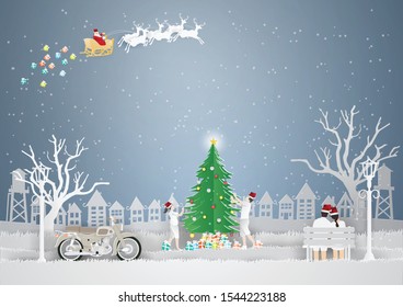 Christmas background with Young Couple are happy and play with the Christmas tree and Santa Claus and reindeer on the sky in winter season.vector and illustration craft style.