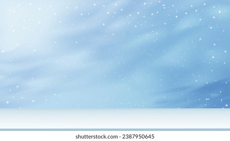 Christmas Background,Blue Wall Studio with snow fall from sky background,Empty Room with Podium Display mockup, Backdrop minimal Winter scene of stage showcase for Cosmetic,Beauty Product on New Year