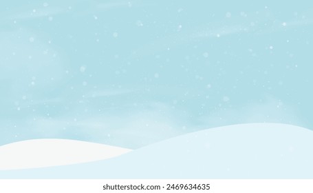 Christmas Background.Cute Winter landscpae with blue Sky,Cloud and Snow falling.Vector Minimal design for Holiday season on New Year,Xmas 2025