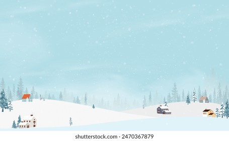 Christmas Background.Cute Winter landscpae with blue Sky,Cloud and Snow falling.Vector Minimal Design of Nature Village for Holiday season on New Year,Xmas 2025