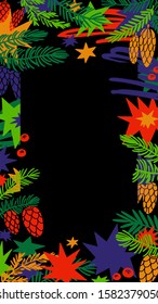 Christmas background-frame with cones and fir branches, stars. Vector illustration template for printing menus, invitations, cards and instagram.