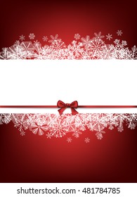 Christmas  background.Frame made of fluffy snowflakes on red background with space for text and red silk bow.