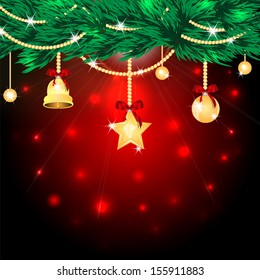 christmas background.golden christmas tree decorations on a red background flickering.gold christmas tree ornaments on pine branch.vector