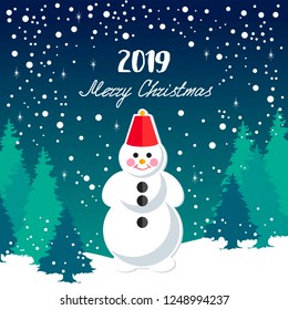 Christmas background.Happy Holidays Winter Forest Landscape Background. Snow winter landscape. Merry Christmas greeting card. Snowman.