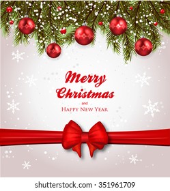 Christmas background-Realistic frame with fir, bow and Christmas balls