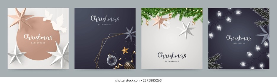Christmas backgrounds collection in realistic style. Holiday square banner design with Christmas decorations and place for text. Ideal for social media, invitation, greeting card. Vector illustration