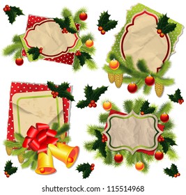 Christmas backgrounds collection with vintage paper label, fur, Christmas tree decorations and fir cone