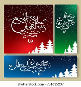 Christmas backgrounds with fir trees and Merry Christmas hand drawn lettering. Vector illustration.