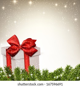 Christmas backgrounds with fir twigs and gift box. Vector illustration. 