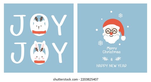 Christmas backgrounds with hand written font, snowflakes, Santa Claus, bear face and rabbit cartoon on blue background vector illustration.