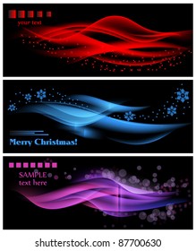 Christmas backgrounds made of light waves and snowflakes over black vector illustration