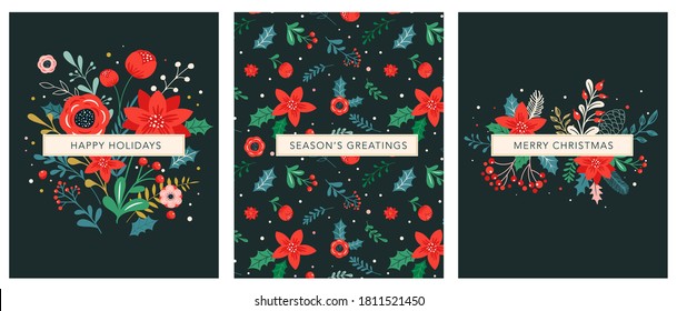 Christmas backgrounds and New year abstract botanical illustrations, cards and patterns with red flowers and leaves. 