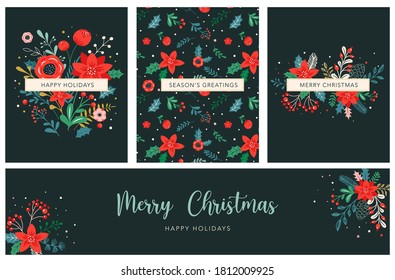 Christmas backgrounds and New year abstract botanical illustrations, cards and patterns with red flowers and leaves. 