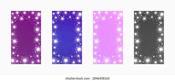 Christmas Backgrounds. New Year templates with place for text. Magical sparkling frame with shining twinkling stars. Glowing particles on purple, blue, pink and black. Vertical screen format. Vector