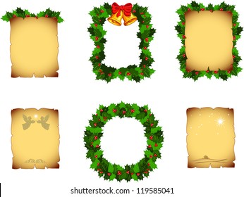 Christmas backgrounds with old paper, berries, bells, stars and angels