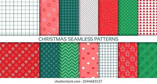 Fondos de Navidades. Patrón sin fisuras. Papeles de regalo de Navidad de Festiva. Set Fondo de pantalla rojo verde. Texturas con copo de nieve, zigzag, lunares, rayas y cuadros. Huellas festivas. Ilustración vectorial