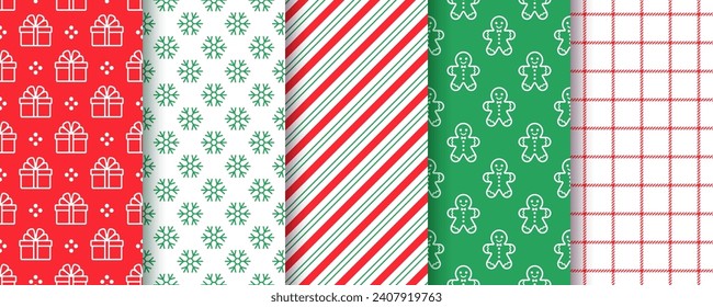 Christmas backgrounds. Seamless pattern. Set prints with candy cane stripes, snowflake, present. Collection red green textures.  Vector illustration