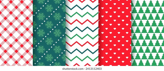 Christmas backgrounds. Seamless pattern. Xmas New year prints with zigzag, tree, snowflake, plaid. Set holiday textures. Collection festive wrapping papers. Red green backdrop. Vector illustration