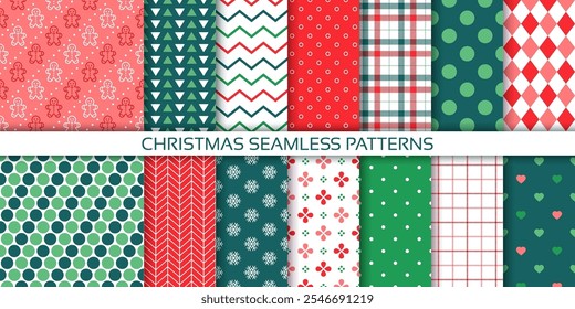 Fondos de Navidades. Patrón sin fisuras. Papeles de regalo de Navidad. Set Fondo de pantalla rojo verde. Texturas de Festiva con hombre de jengibre, copo de nieve, zigzag, lunares, cuadros. Huellas festivas. Ilustración vectorial
