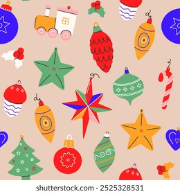 Christmas backgrounds, seamless pattern.Modern Christmas and New Year pattern with colorful varios hand draw christmas balls.Texture for textile,wrapping paper,packaging etc.Vector illustration EPS 10