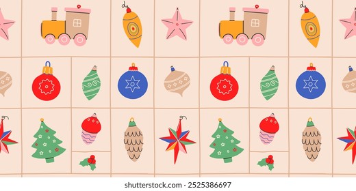 Christmas backgrounds, seamless pattern.Modern Christmas and New Year pattern with colorful varios hand draw christmas balls.Texture for textile,wrapping paper,packaging etc.Vector illustration EPS 10