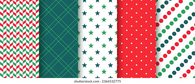Weihnachtshintergründe. Nahtlose Muster. Stellen Sie Urlaubstexturen mit Sternen, Polka-Punkten, Herringbone und Plaid. Weihnachten, Neujahr Drucke. Fest verpacktes Papier. Roter, grüner Hintergrund. Vektorgrafik