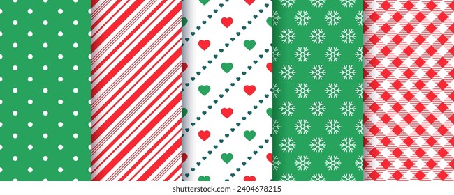 Christmas backgrounds. Seamless patterns. Set holiday textures with polka dots, candy cane stripes, snowflake, plaid. Red green Xmas prints. Vector