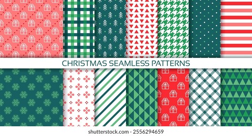 Christmas backgrounds. Seamless patterns. Xmas wrapping papers. Set red green textures. Wallpapers with gift box, snowflake, tree, stripes, triangle, polka dot. Noel prints. Vector illustration