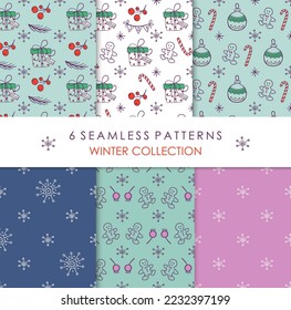 Christmas backgrounds set. 6 cute doodle style patterns with Winter festive elements. Vector illustrations for wrapping paper, fabric, textile. 