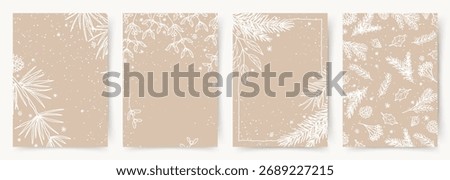 Christmas backgrounds set. Hand drawn winter greeting cards with snowflakes and fir tree branches on a neutral pastel beige background. Abstract trendy vector illustration