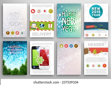 Christmas Backgrounds Set. Holiday Designs for Xmas Posters, Flyers, Covers and Cards. Bokeh and Blurred Lights. Spruce Twigs. Mobile Phones. Christmas Flat Style Web Icons Collection.