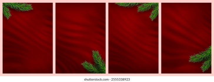 Christmas backgrounds set. Holiday pine and fir branches on red background. Festive Xmas and New Year background. Fir branch. Pine branch. Christmas card. Vector Illustration.