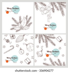Christmas backgrounds set. New year holiday elements frame. Hand drawn vector illustration