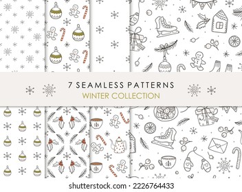 Antecedentes de Navidad. Patrones de estilo doodle impecables con elementos festivos de invierno sobre fondo blanco. Ilustraciones vectoriales para envolver papel, tela, textil.
