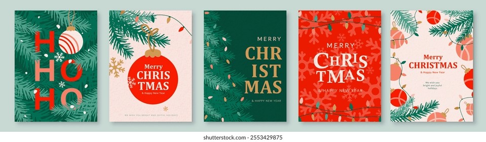 Christmas backgrounds set vector illustration. Modern greeting merry xmas and happy new year with typography, christmas tree, ball, garland, snowflake. Winter pattern with textured effect.