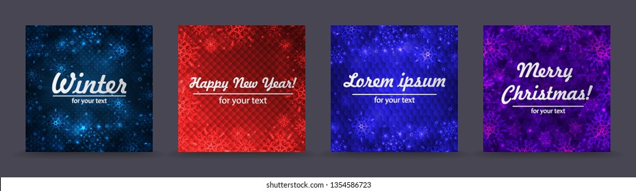 Christmas backgrounds set. Winter frame with snowflakes. Christmas Greeting Card. New Year background with space for your text. Winter template. New Year flyer.