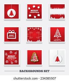 Christmas backgrounds. Christmas tree and gift box. New year snowflake icons. Vector