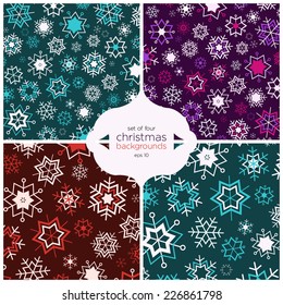 Christmas backgrounds. Winter design. Set of four christmas backgrounds with beautiful snowflakes. Vector illustrations.